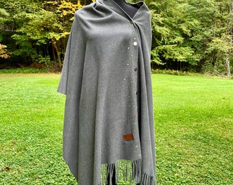 Hand Painted Grey Cashmere Feeling Shawl with Opening  Button Details