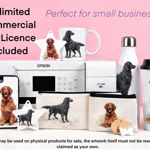 May include: A collection of dog-themed products, including a coffee mug, water bottle, phone case, star-shaped ornaments, and zippered pouches. The products feature illustrations of a golden retriever and a black dog. The image includes the text "Unlimited Commercial Use Licence Included."