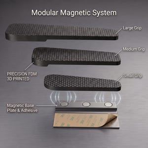 May include: A Modular Magnetic System featuring three black, textured grips labelled Large, Medium, and Small, with a Precision FDM 3D Printed label. Below, a magnetic base plate with adhesive backing is shown with three circular magnets.