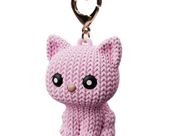 Pink Kitten Keychain, Crochet Texture 3D Printed Cat, Rose Gold Clasp