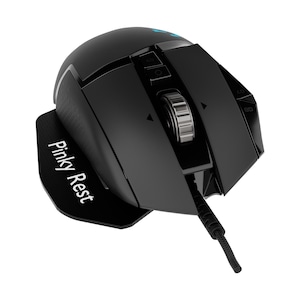 May include: A black wired computer mouse featuring a textured side wing with the text Pinky Rest printed in white. The device includes a metallic scroll wheel, multiple programmable buttons labeled G7 and G8, and a braided black cable extending from the front.