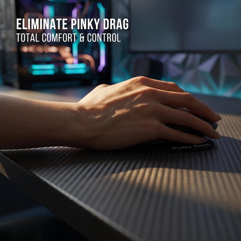 May include: A black computer mouse accessory labelled Pinky Rest, designed to eliminate pinky drag. The text ELIMINATE PINKY DRAG TOTAL COMFORT & CONTROL is visible in the upper left corner of the frame, positioned above a hand using a computer mouse.
