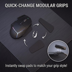 May include: A black computer mouse with RGB lighting, featuring modular side grips that can be swapped using magnets. The text reads QUICK-CHANGE MODULAR GRIPS and Instantly swap pads to match your grip style! A circular inset shows a grip being lifted.