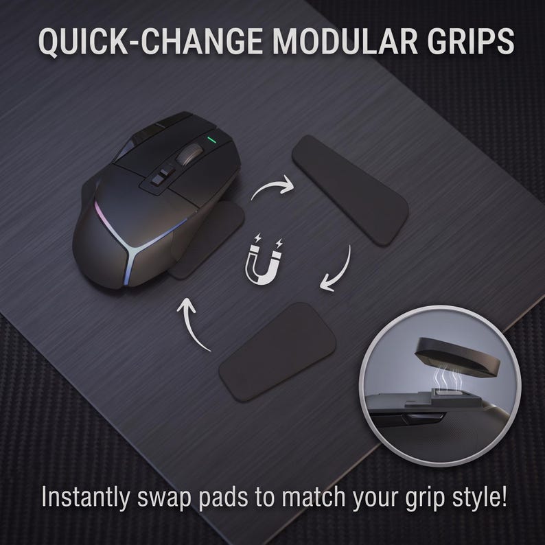May include: A black computer mouse with RGB lighting, featuring modular side grips that can be swapped using magnets. The text reads QUICK-CHANGE MODULAR GRIPS and Instantly swap pads to match your grip style! A circular inset shows a grip being lifted.