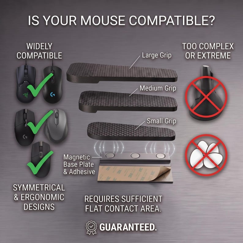 May include: An infographic titled IS YOUR MOUSE COMPATIBLE? showing three black textured grips labelled Large, Medium, and Small, a magnetic base plate with adhesive, and various computer mice. Green ticks indicate compatibility, while red circles with crosses indicate incompatible complex or extreme mouse designs.