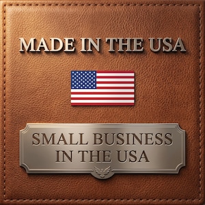 May include: A square brown leather-textured background featuring the text MADE IN THE USA at the top, a rectangular United States flag in the centre, and a metallic plaque at the bottom with the text SMALL BUSINESS IN THE USA and an eagle icon.