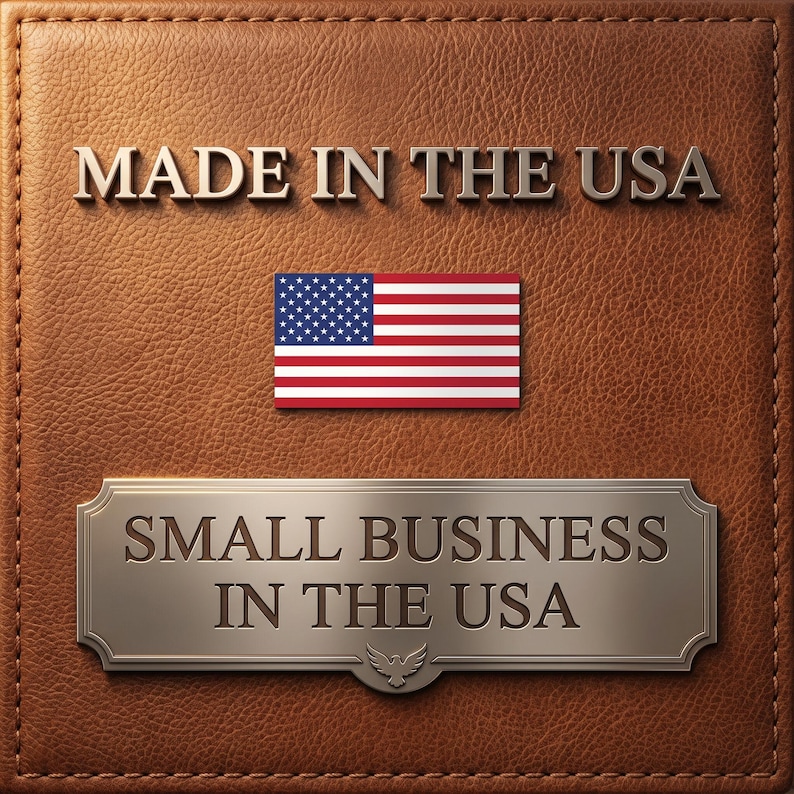 May include: A square brown leather-textured background featuring the text MADE IN THE USA at the top, a rectangular United States flag in the centre, and a metallic plaque at the bottom with the text SMALL BUSINESS IN THE USA and an eagle icon.