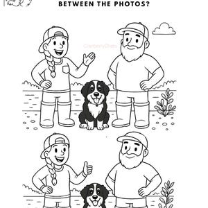 May include: Black and white line drawing of a "Spot the Difference" puzzle. The puzzle features two sets of illustrations of a woman, a man, and a dog. The text above the illustrations reads "Spot the Difference!" and "Can you find 6 differences between the photos?"
