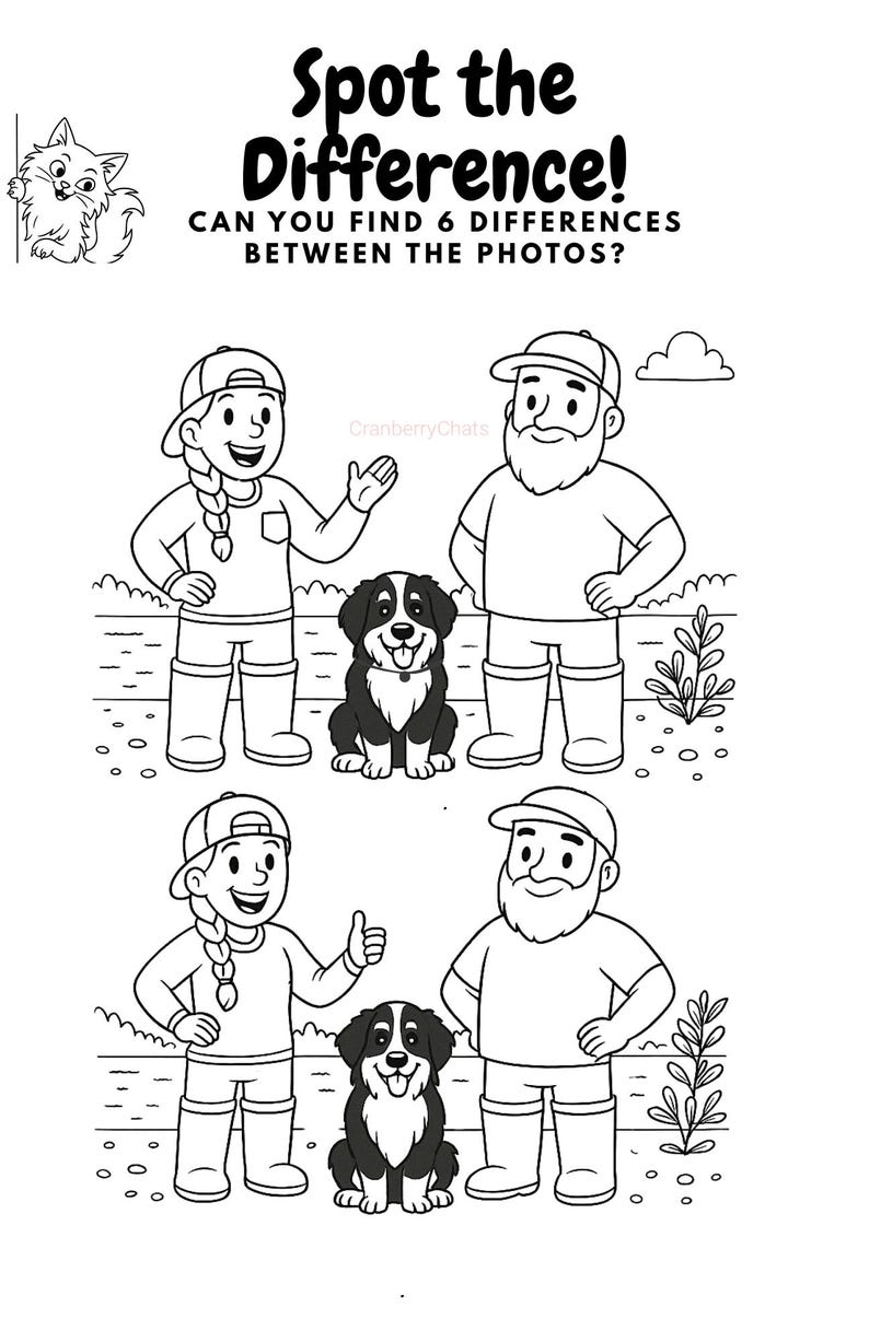 May include: Black and white line drawing of a "Spot the Difference" puzzle. The puzzle features two sets of illustrations of a woman, a man, and a dog. The text above the illustrations reads "Spot the Difference!" and "Can you find 6 differences between the photos?"