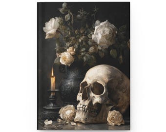 Skull and Roses Still Life Hardcover Journal, Vanitas, Gothic Dark Romantic Notebook, Memento Mori, Occult Dark Floral Writing Diary