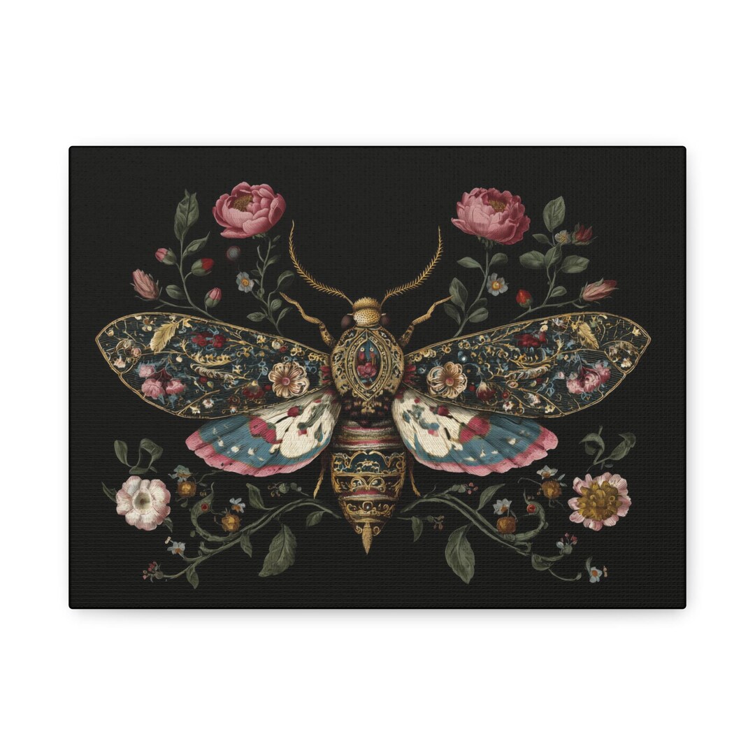 Victorian Floral Moth Canvas | Dark Botanical Wall Art - Etsy