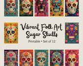 Vibrant Folk Art Sugar Skull Prints | Set of 12 | Day of the Dead Wall Art | Día de los Muertos Printable | Mexican Calavera Art