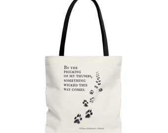 Shakespeare Tote | Macbeth Quote | Cat Paw Prints | Literary Canvas Tote | Something Wicked This Way Comes | Book Bag Gothic