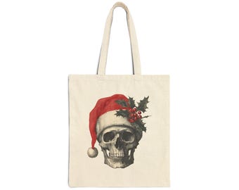 Bolsa tote navideña gótica / Gorro de Papá Noel con calavera / Lona de algodón / Bolsa de compras navideña alternativa / Navidad oscura / Memento Mori