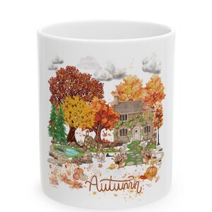 Autumn Cottage Scene Mug | Fall Trees Pumpkins 11oz 15oz