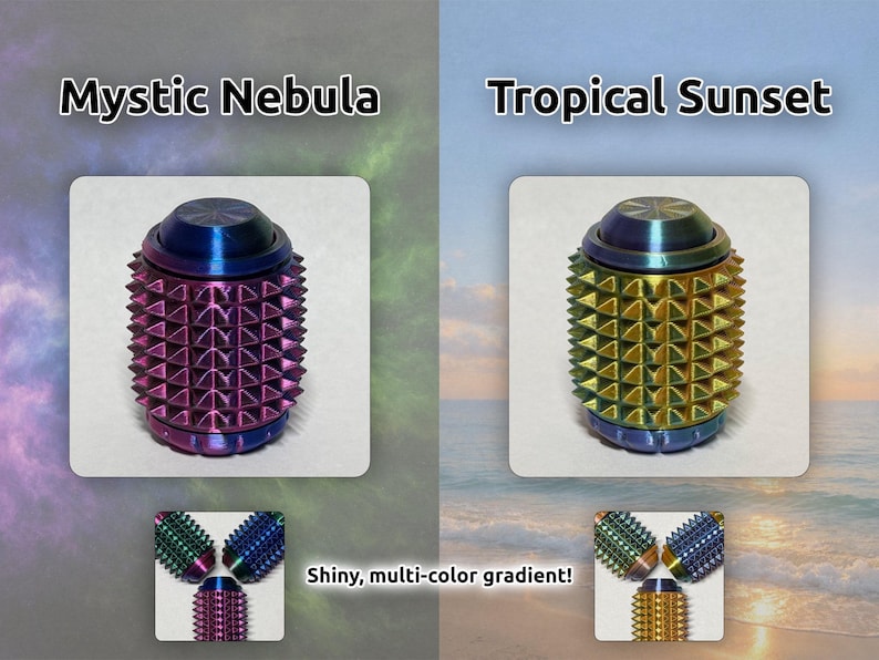 May include: Two cylindrical fidget toys with spiked textures. The left one, labeled Mystic Nebula, features a purple and blue gradient. The right one, labeled Tropical Sunset, shows a gold and blue gradient. Both have a shiny, multi-color finish.