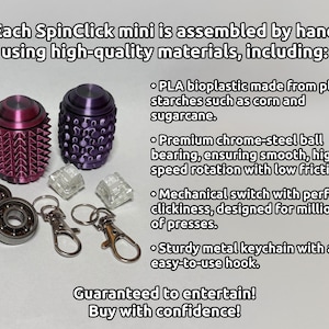 May include: Two purple SpinClick mini fidget toys with textured surfaces, two silver ball bearings, two clear mechanical switches, and two metal keychain clips. Text on the image details the assembly and materials including PLA bioplastic, chrome-steel ball bearings, mechanical switches, and metal keychains.