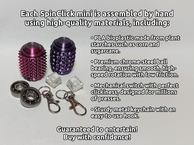 May include: Two purple SpinClick mini fidget toys with textured surfaces, two silver ball bearings, two clear mechanical switches, and two metal keychain clips. Text on the image details the assembly and materials including PLA bioplastic, chrome-steel ball bearings, mechanical switches, and metal keychains.