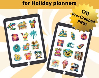Summer Digital Planner Stickers Pack - 170 Pre-Cropped PNG Vacation Stickers for GoodNotes