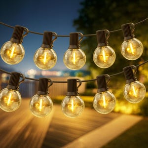 May include: A string of ten clear, round globe lights with warm yellow illumination. Each bulb has a black cap and is strung on a black wire. The background is a blurred outdoor scene with a dark blue sky.