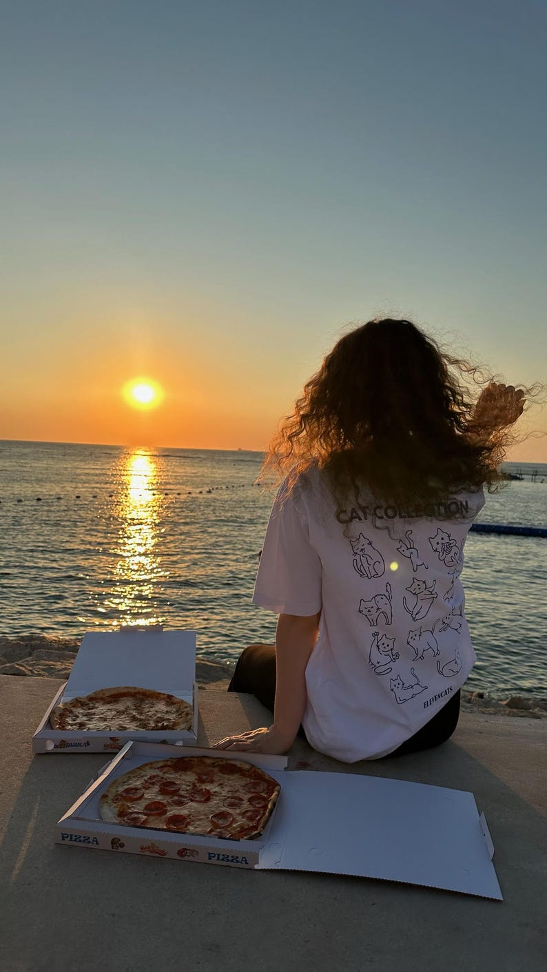 May include: A white t-shirt with a "Cat Collection" graphic and several cat illustrations on the back. Two pizza boxes with pizza are in front of a person watching the sunset over the ocean.