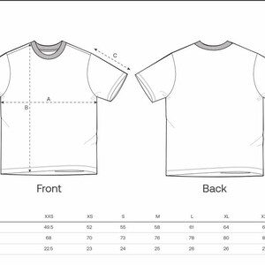 May include: A diagram showing the front and back of a t-shirt with measurement labels and a size chart. The chart lists measurements in centimeters for half chest, body length, and sleeve length, ranging from XXS to 3XL.