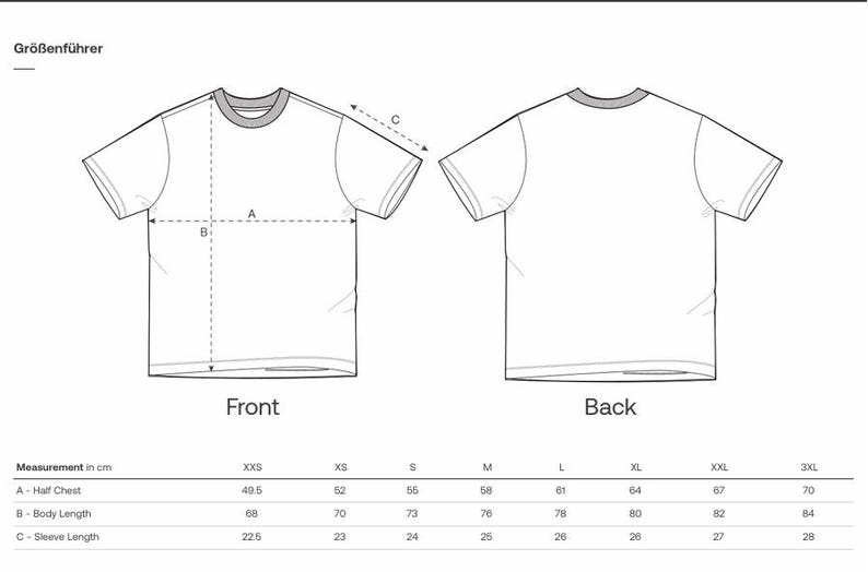 May include: A diagram showing the front and back of a t-shirt with measurement labels and a size chart. The chart lists measurements in centimeters for half chest, body length, and sleeve length, ranging from XXS to 3XL.