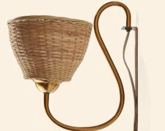 Rattan Wall Sconce with Brass Arm Rustic Modern Light Fixture for Bedroom Plug-in