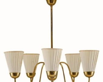 Mid Century Modern Brass Chandelier Elegant 5 Light Fixture with Cream Lampshades