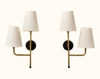 Pair of Brass Sconces Modern Wall Light with White Shades Mid-Century Dual-Shade