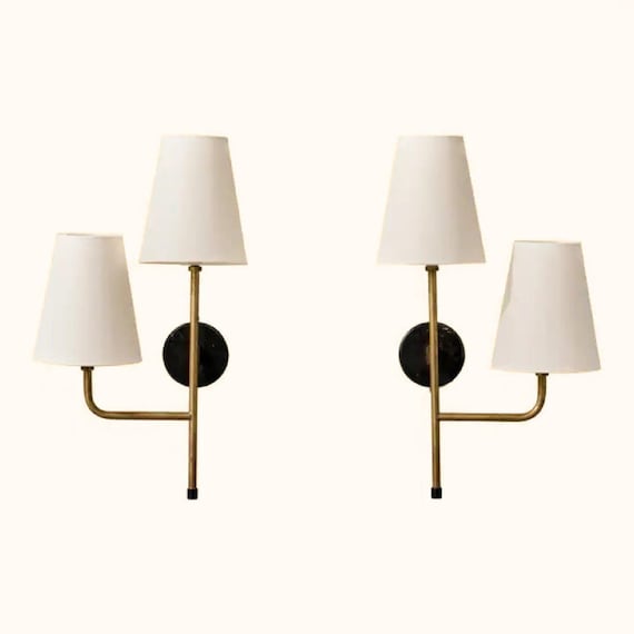 Pair of Brass Sconces Modern Wall Light with White Shades Mid-Century Dual-Shade