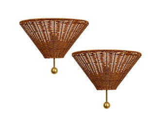 May include: A pair of wall sconces featuring cone-shaped shades crafted from brown woven wicker. Each shade is supported by a slender gold-toned metal arm that terminates in a small, spherical finial at the bottom, creating a balanced design.