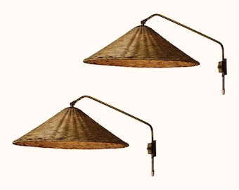 Woven Rattan Wall Sconce: Rustic Boho Wicker Light, Brass Arm
