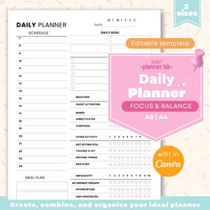 ADHD Daily Planner Printable | Focus Planner | Behavior Tracker | Minimal Daily Planner A5 A4 | Canva Template | Productivity Planner