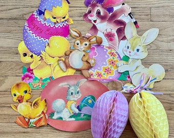 Vintage påskdekorationer med stansade stansar – Mid Century Bunny & Chick-kartongdekor