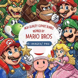 Puede incluir: Un paquete de imágenes prediseñadas digitales con personajes de la serie de videojuegos Mario Bros. La imagen incluye a Mario, Luigi, la Princesa Peach, Yoshi, Bowser, Donkey Kong y Toad. El texto dice "High Quality Clipart Bundle Inspired by Mario Bros" y "45 Images/PNG".
