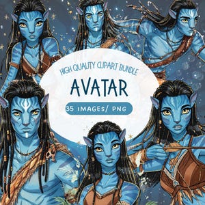 Op de afbeelding: Een digitale kunstbundel met meerdere illustraties van blauwhuidige personages met gele ogen, lang zwart haar en op stammen geïnspireerde kleding. De tekst op de afbeelding luidt "HIGH QUALITY CLIPART BUNDLE AVATAR 35 IMAGES/ PNG".