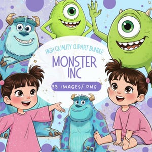 Puede incluir: Paquete de imágenes prediseñadas digitales con personajes de la película animada "Monstruos, S.A.". Incluye ilustraciones de Sulley, Mike Wazowski y Boo. El texto dice "High Quality Clipart Bundle" y "Monster Inc."