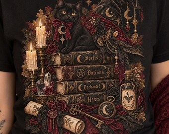 Witchy Black Cat PNG, Gothic Witch PNG, Spell Book Sublimation Design, Dark Halloween PNG, Black Cat Digital Download