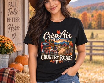 Koszulka Crisp Air Autumn Landscape | Country Roads Fall Truck Farm Scene