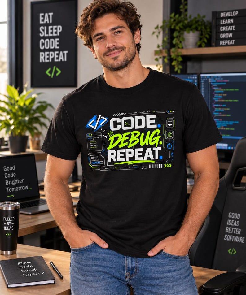May include: A black short-sleeved t-shirt featuring a graphic print with the text "CODE. DEBUG. REPEAT." in white and lime green, accompanied by blue and white programming-themed icons, brackets, and technical interface design elements.