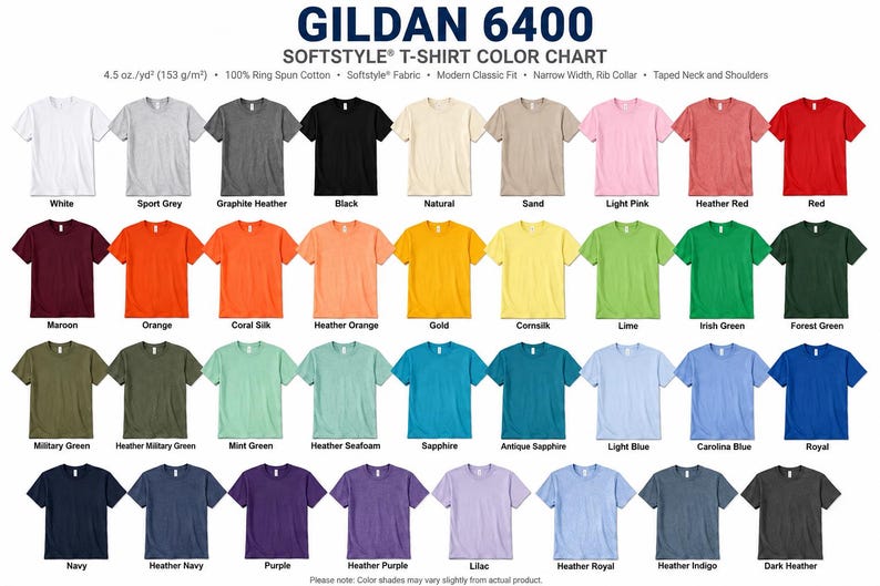 May include: A Gildan 6400 Softstyle t-shirt color chart displaying 40 short-sleeve shirts in various colors arranged in four rows. The text includes the product name, fabric specifications, and individual color names listed below each shirt.