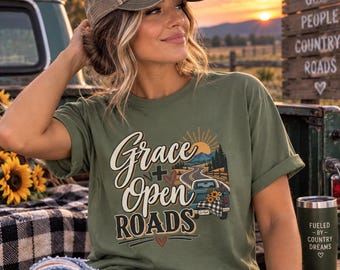 Koszulka Grace + Open Roads | Grafika przedstawiająca malowniczą górską drogę o zachodzie słońca