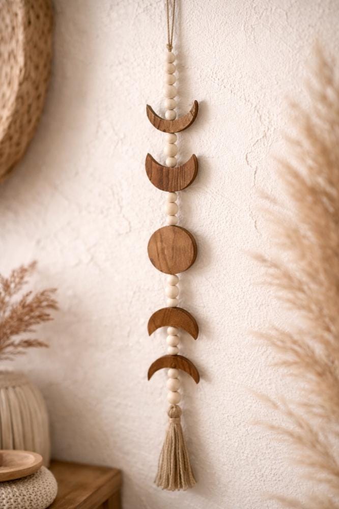 Ghirlanda Fasi Lunari In Legno - Decorazione Da Parete Fatta A Mano, Con Catene Metalliche, Per Yoga, Meditazione, Casa