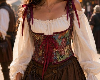 Floral Renaissance Corset Top, Red or Green Gothic Lace-Up Bustier, Medieval Style