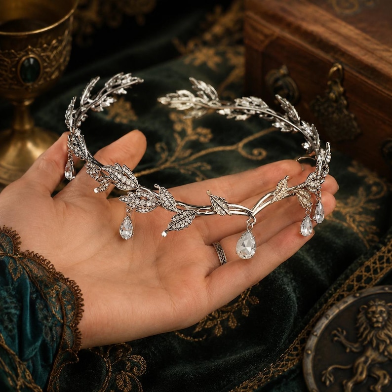 Elf Fairy Leaf Tiara, Crystal Renaissance Crown, Green Silver or Black, Renfaire Costume