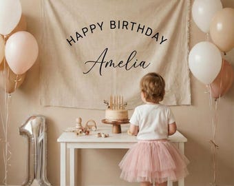 Personalized Cotton-Linen Birthday Banner, Neutral Boho Backdrop, Custom Name Party Sign