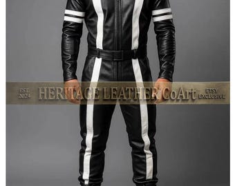 Black Leather Jumpsuit with White Stripes – Men’s  Leather One-Piece Outfit