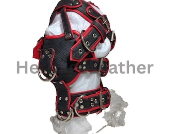 Handmade Black and Red Leather Hood with Buckle Design – Adjustable Artisan Headgear