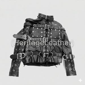 Chaqueta de piel de oveja auténtica con correas – Abrigo llamativo con hebilla frontal negra – Prenda exterior de cuero estructurado con cordones imagen 1